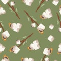 seamless pattern with an icon of roasted marshmallows on an open fire on a wooden stick with green leaves on a green background Royalty Free Stock Photo